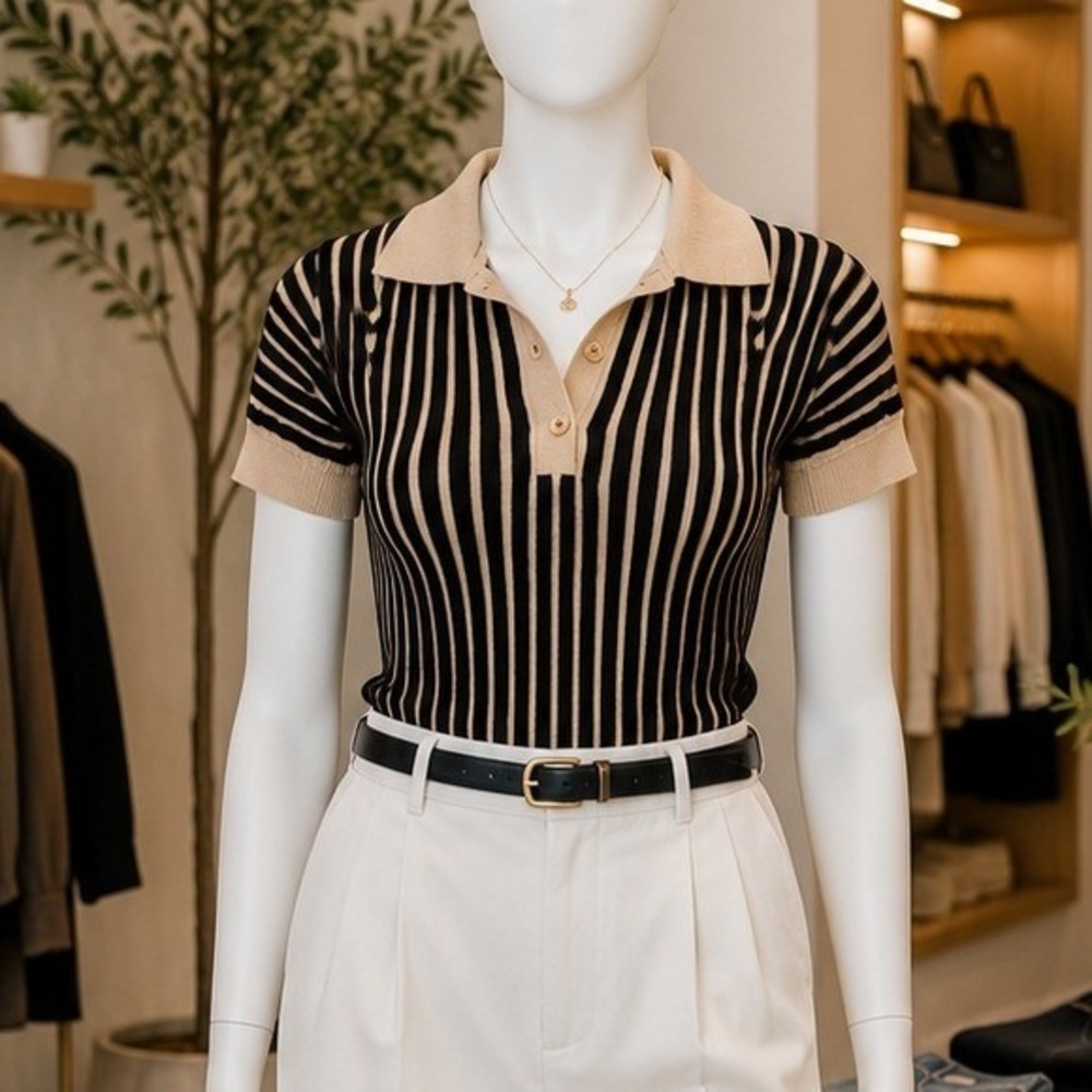 MNG Mango Womens Polo Top Tan Black Striped Ribbed Knit XS